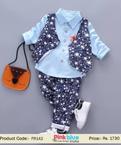 Baby Boy Blue Star Print Waistcoat Suit - 4 Piece Formal Wear Kids Outfit