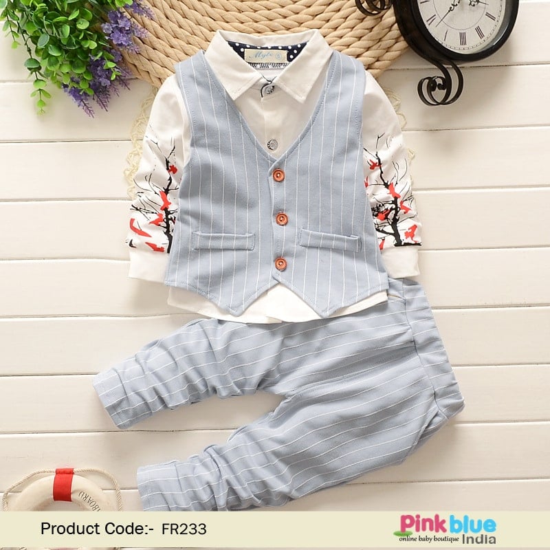 Boys Casual Party Outfit India – Kids Blue Waistcoat, White Shirt, Pants