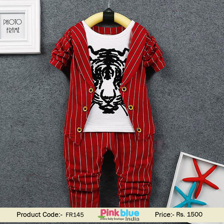 Baby Boy Red Formal Birthday Party Waistcoat Lion Print T-shirt Trouser