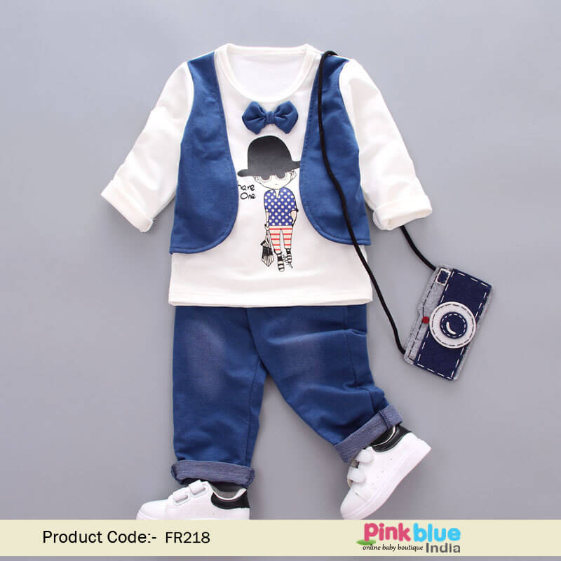 Baby Boys 2 Pcs Party Outfit With Smart Bow Tie and Waistcoat Appliqued T-shirt and Trousers