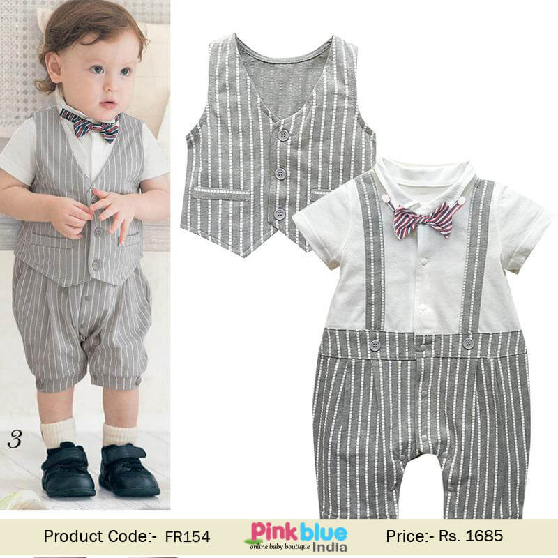 Formal Grey Waistcoat Suspender and Bowtie Partywear Romper Suit Toddler Boy