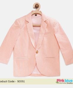 White and Peach Vertical Striped Blazer for Kid Boy in India