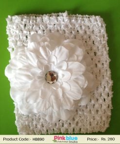 Broad Crochet Headband with White Flower for Baby Girls in India