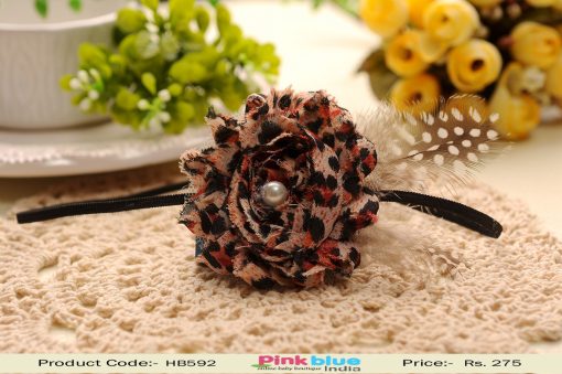 Brown Hair Band for Toddlers in India with Printed Flower and Pearl Drop