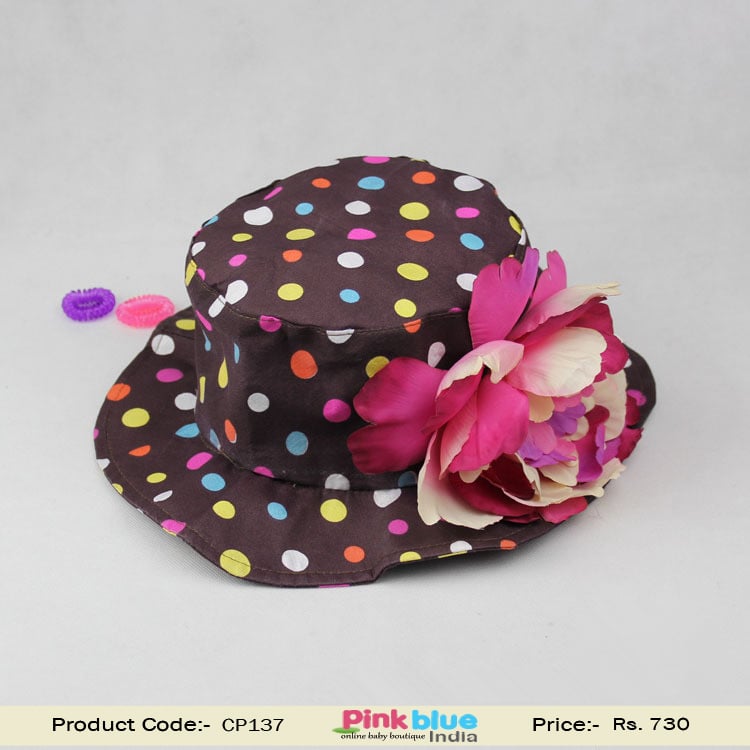 Smart Brown Toddler Cap with Colorful Dots and Beautiful Big Flower