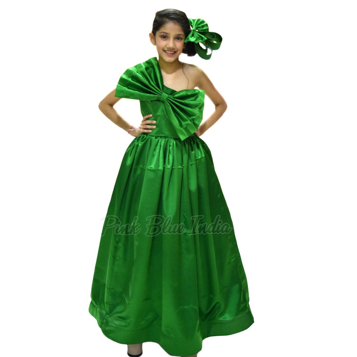 Girls Green One-Shoulder Gown, Party Wear Gown Online