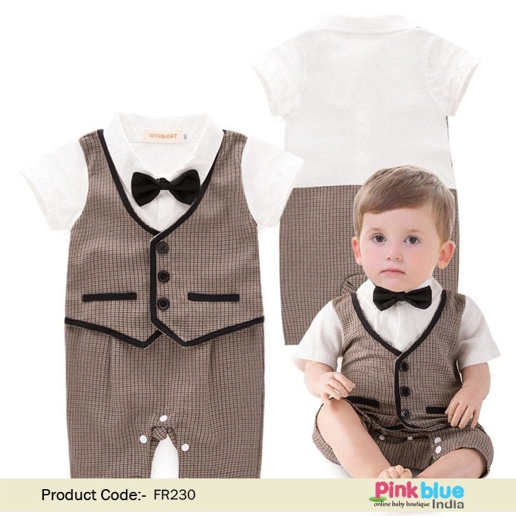 Grey Little Boy Romper Suit - Bow tie Infant Half Sleeve Outfit