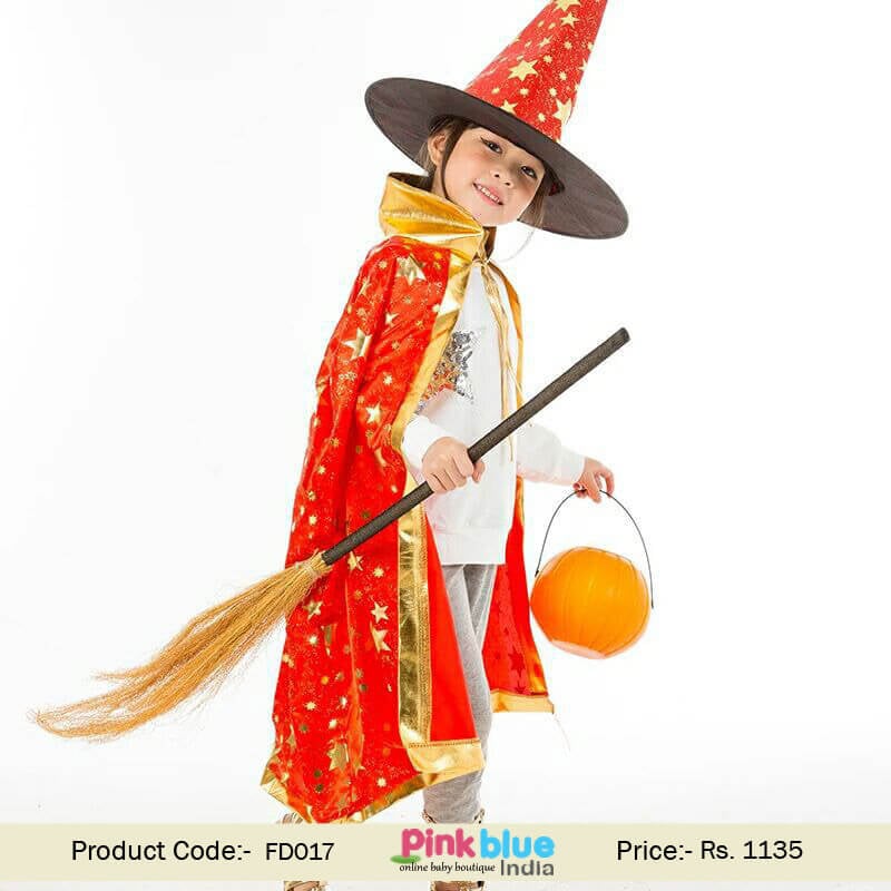 Children Girl Halloween Costume Wizard Witch Cloak Cape Robe and Hat