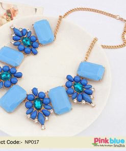 Buy Partywear Boho Necklace in Blue and Turquoise Stones and Beads