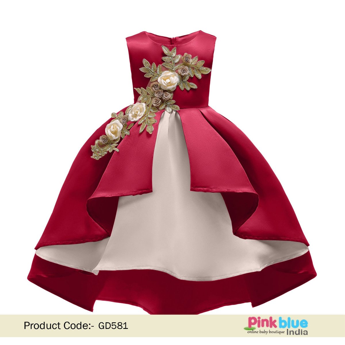 Red Baby Kids Pearls Design V-Back Party Dress - Vootbuy | 3 Years