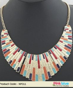 Vintage Costume Jewelry in Golden Pendant with Colorful Stripes