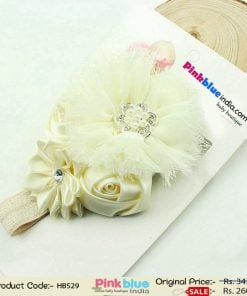 Beautiful Cream Color Hair Band for Toddlers in India with Pearls and Three Flowers