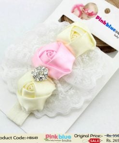 Cream Hair Band for Newborn Princess with Three Flowers and Embellishment
