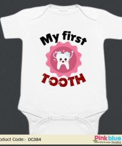 Custom Made onesie, Personalized Baby Girl Romper “My First Tooth” Print