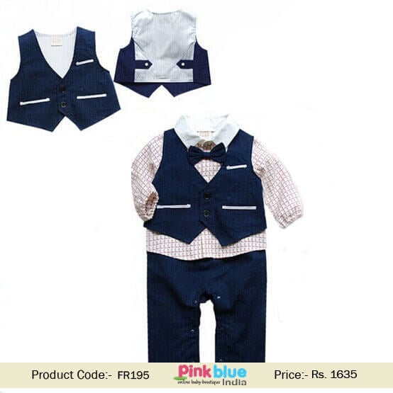 Partywear Blue Vest Bow Tie Romper Suit 2 Piece Kids Formal Wear