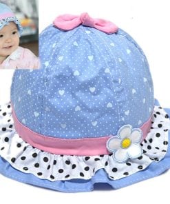 Cute and Simple Blue Newborn Cotton Hat with a White Flower and Pink Bow