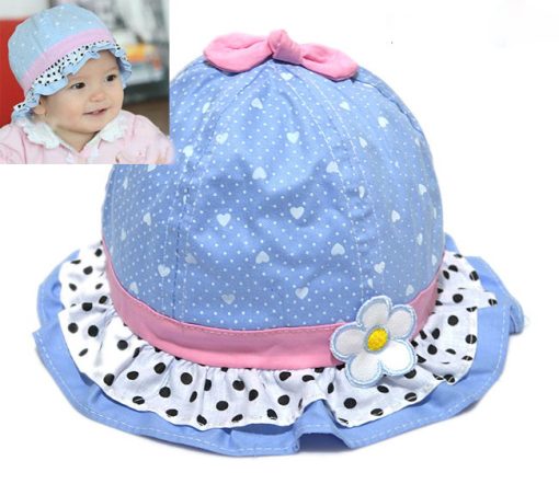 Cute and Simple Blue Newborn Cotton Hat with a White Flower and Pink Bow