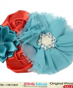 Cute Baby Girl Hair Band in Teal with Beautiful Flowers in Red