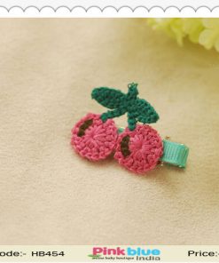 Cute Green Hair Clip with Pink Cherry Motifs