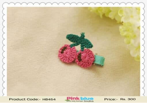 Cute Green Hair Clip with Pink Cherry Motifs