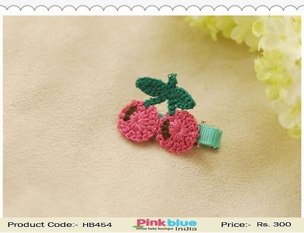 Cute Green Hair Clip with Pink Cherry Motifs
