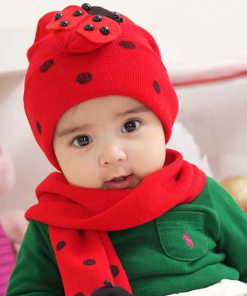 Cute Red Colored Beetle Kids Cap With Matching Toddler Muffler