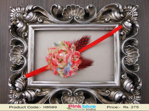 Cute Red Floral Headband for Indian Infants with Printed Flower and Feather