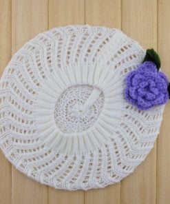 Cute White Infant Hat with Lavender Flower and Leaves