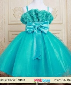 Cyan Blue Designer Net Party Dress for Toddler Girl with Flowers