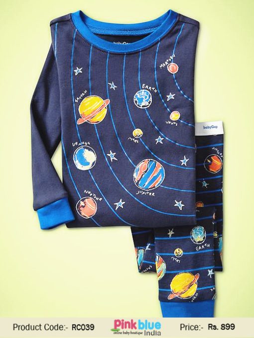 Dark Blue Solar System Theme Toddler T-Shirt with Pajamas