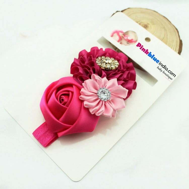 Deep Pink Floral Headband with Three Flowers and Embellishments for Baby Girls in India