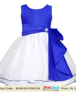 Designer Couture Birthday Wear Dress Blue and White Dupion Frock