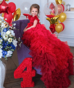 Designer Princess Long Tail Dress - Girls Birthday Party Gown, Kids Dress