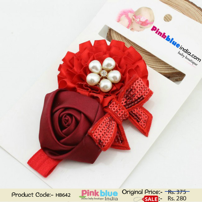 Designer Red Infant Headband with Flowers, Bow and Pearl Embellishments