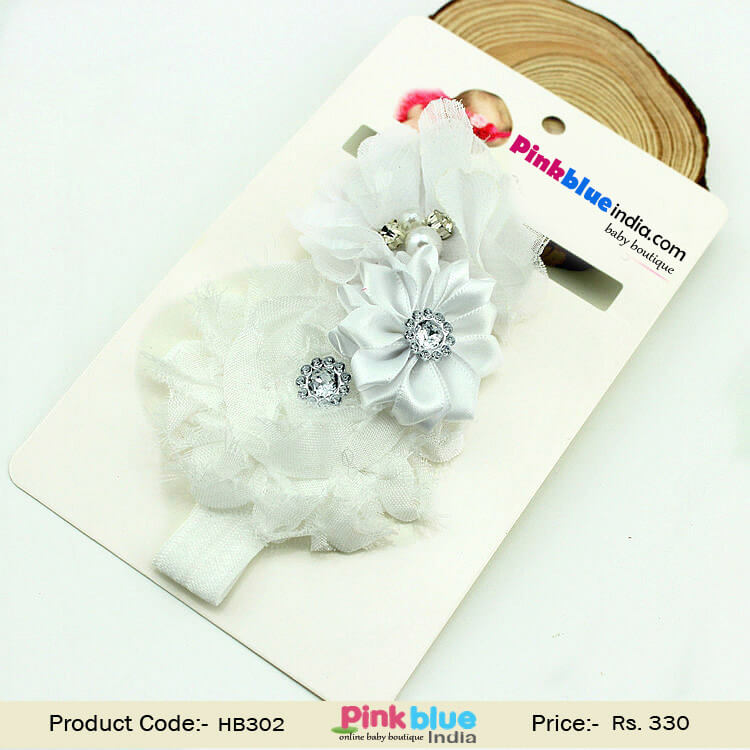 Elegant Hair Band with a Three Flowers in White for Toddlers in India