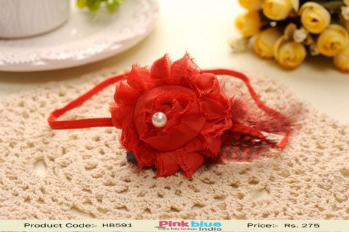 Shop Online Elegant Red Floral Infant Headband with Flower and Pearl