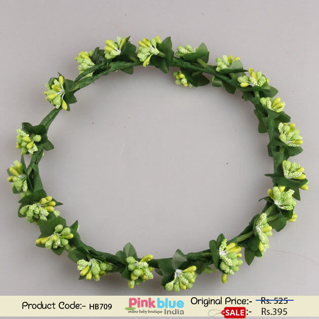 Elegant Tiara Hair Band with Green Beaded Flowers Bunch for Toddlers in India