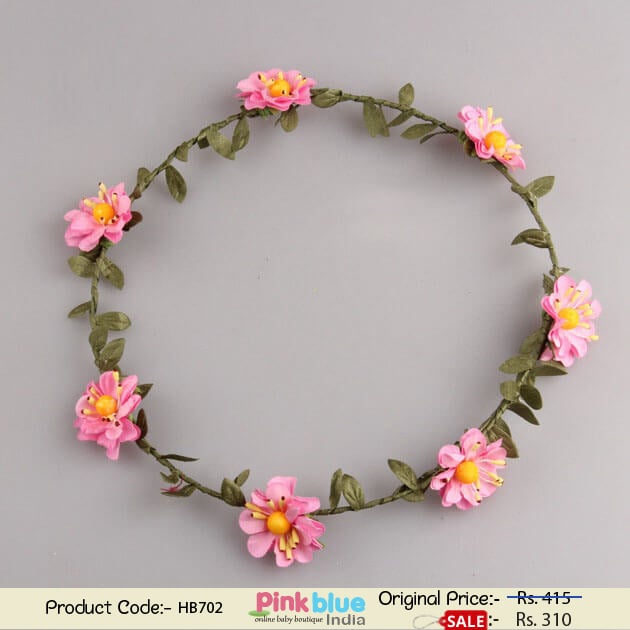Fashionable Tiara Girl Headband with Light Pink Flowers and Green Leaves