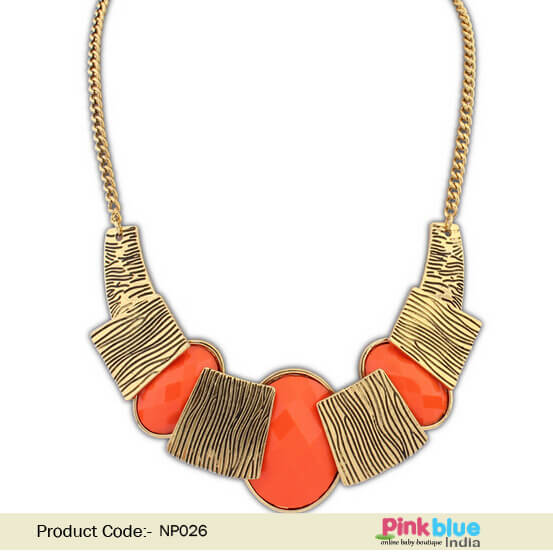 Fashion Necklace for Women in Antique Gold Look and Orange Stones