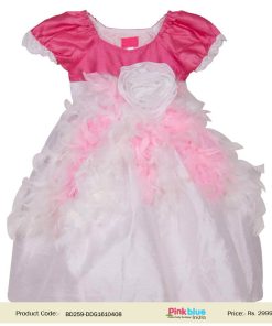 Children Pink White Feather Party Wear Knee Length Dress