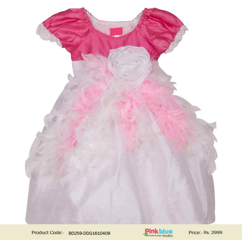 Children Pink White Feather Party Wear Knee Length Dress