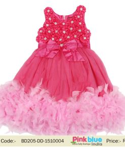 Pink Chi Feather Sleeveless Flowers Girl Dress - First Birthday Party Outfit