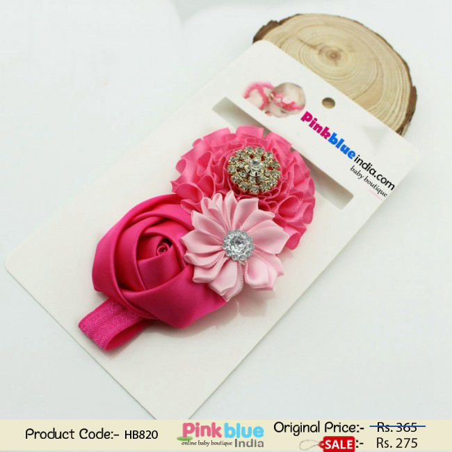 Elegant Designer Floral Headband for Infant in Pink With Three Flowers