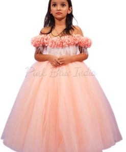 Off shoulder Peach Baby Girl Party Gown, Flower Girl Birthday Gown