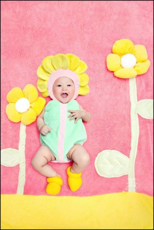 Yellow and Red Flower Theme Infant Photography Prop with Sky Blue Bodysuit