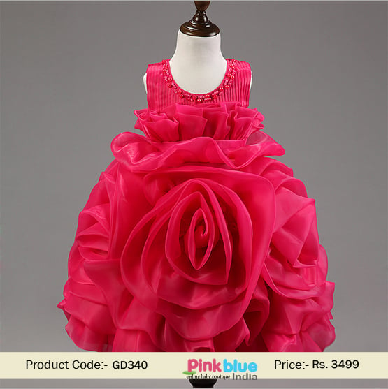 Shop Online in India Fuchsia Pink Designer Children’s Dress in Net with Flowers