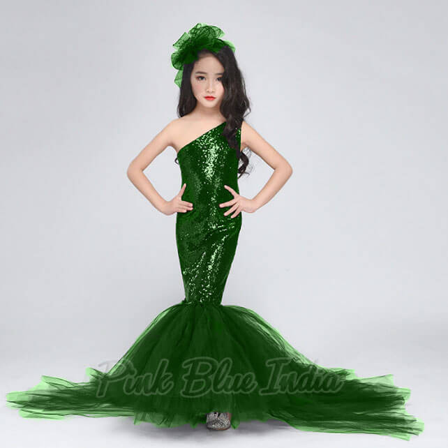 Girls Long Mermaid Dress, Green Birthday Gowns Online