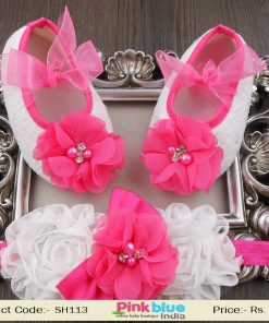 Gorgeous Newborn Girls Shoes with in White Pink Flowers and Floral Headband