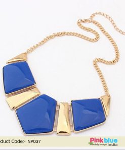 Party Wear Fashion Necklace in Blue Stones with Golden Plates