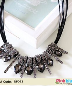 Glamorous Party Wear Necklace with Black Stones and Sparkling